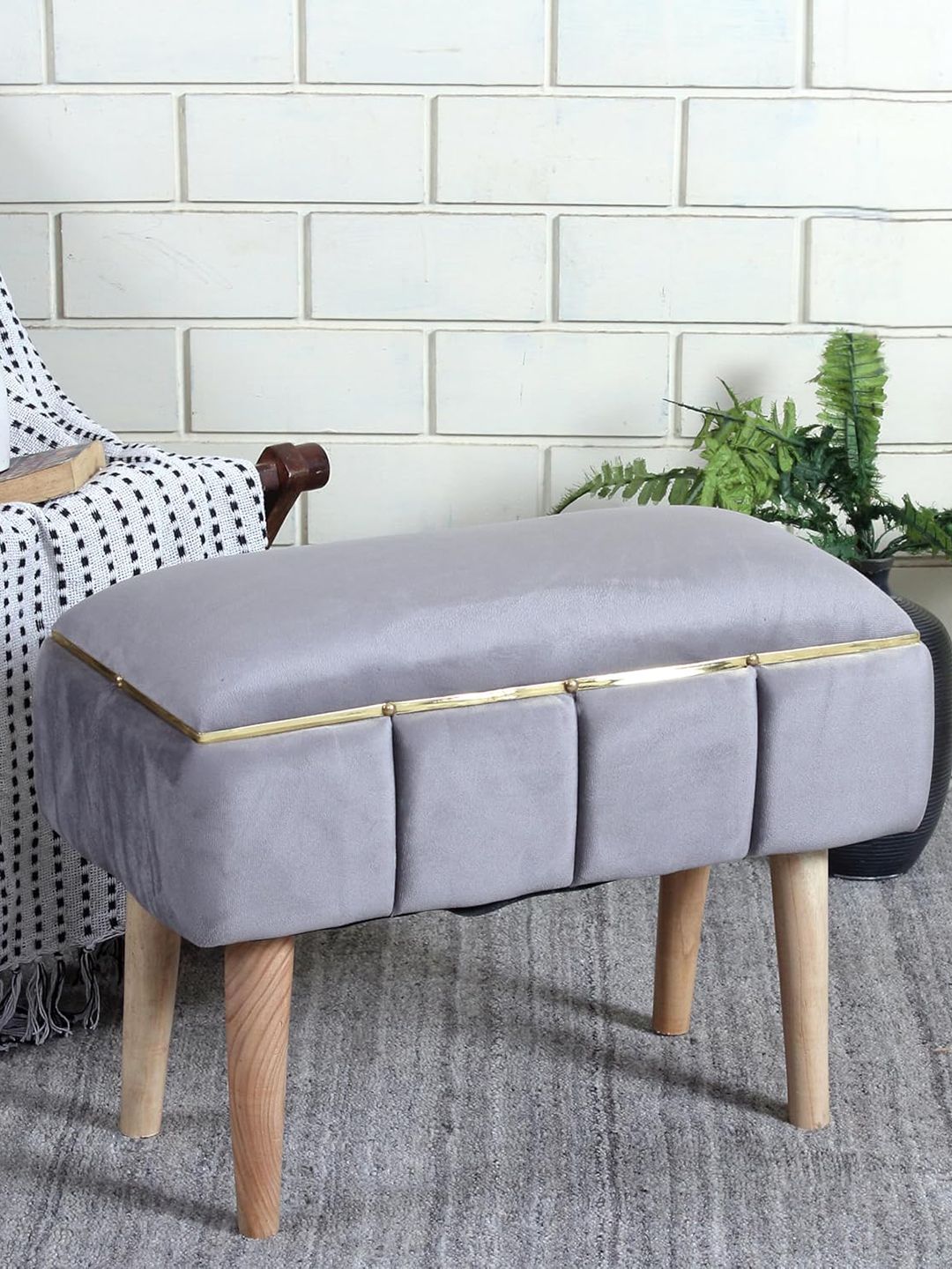 Shadowkart Grey Square Wooden Velvet Ottomans-picture-14