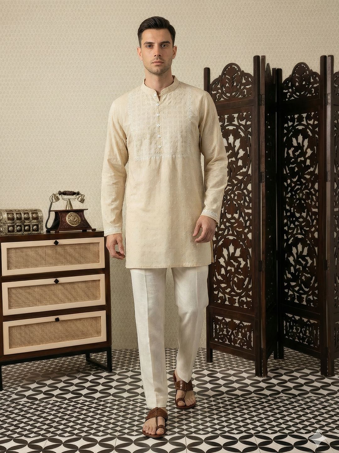House of Pataudi Mandarin Collar Straight Embroidered Jashn Kurta-picture-33