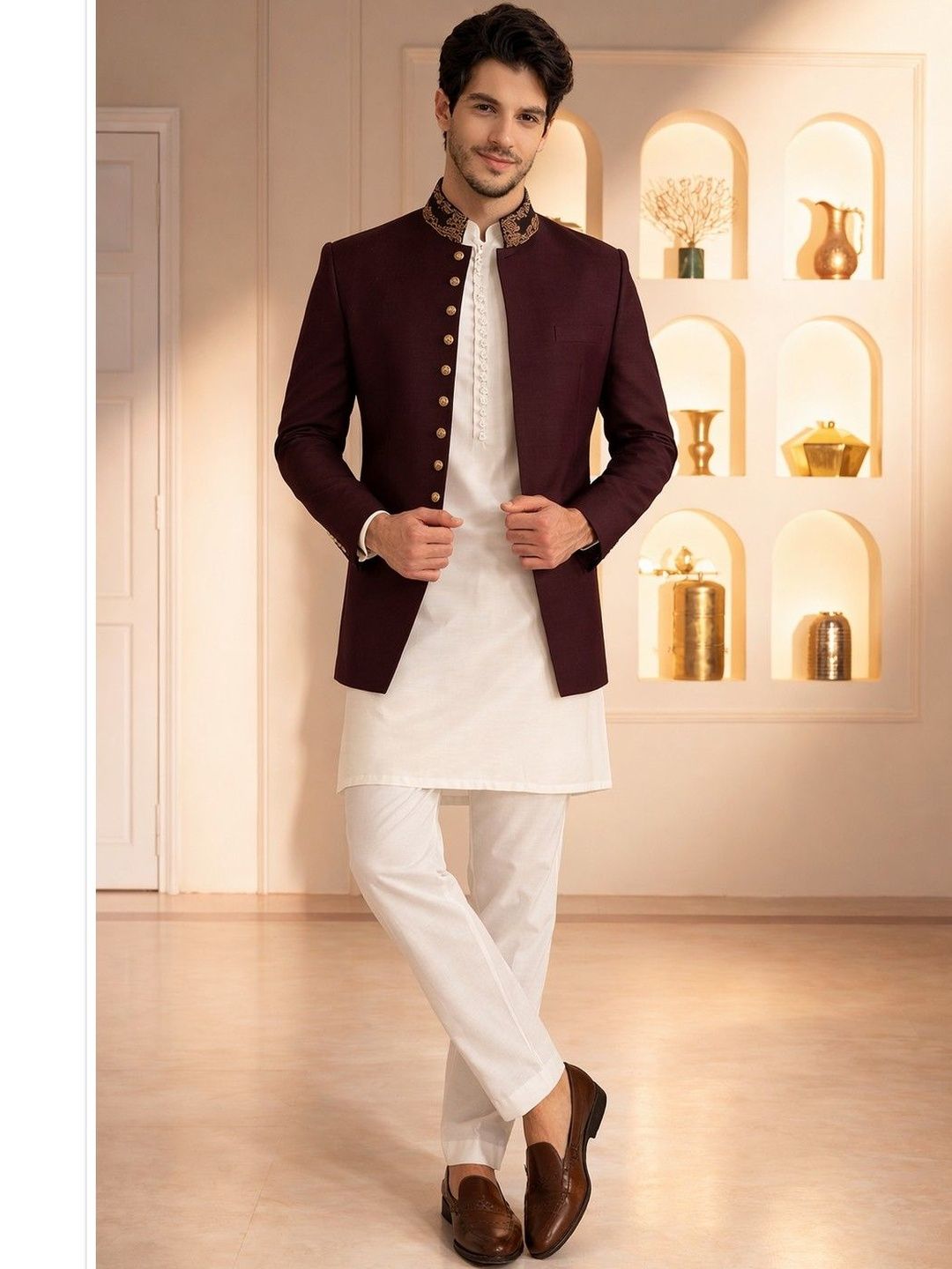 House of Pataudi Pure Cotton Mandarin Collar Kurta & Trousers With Jacket-picture-34