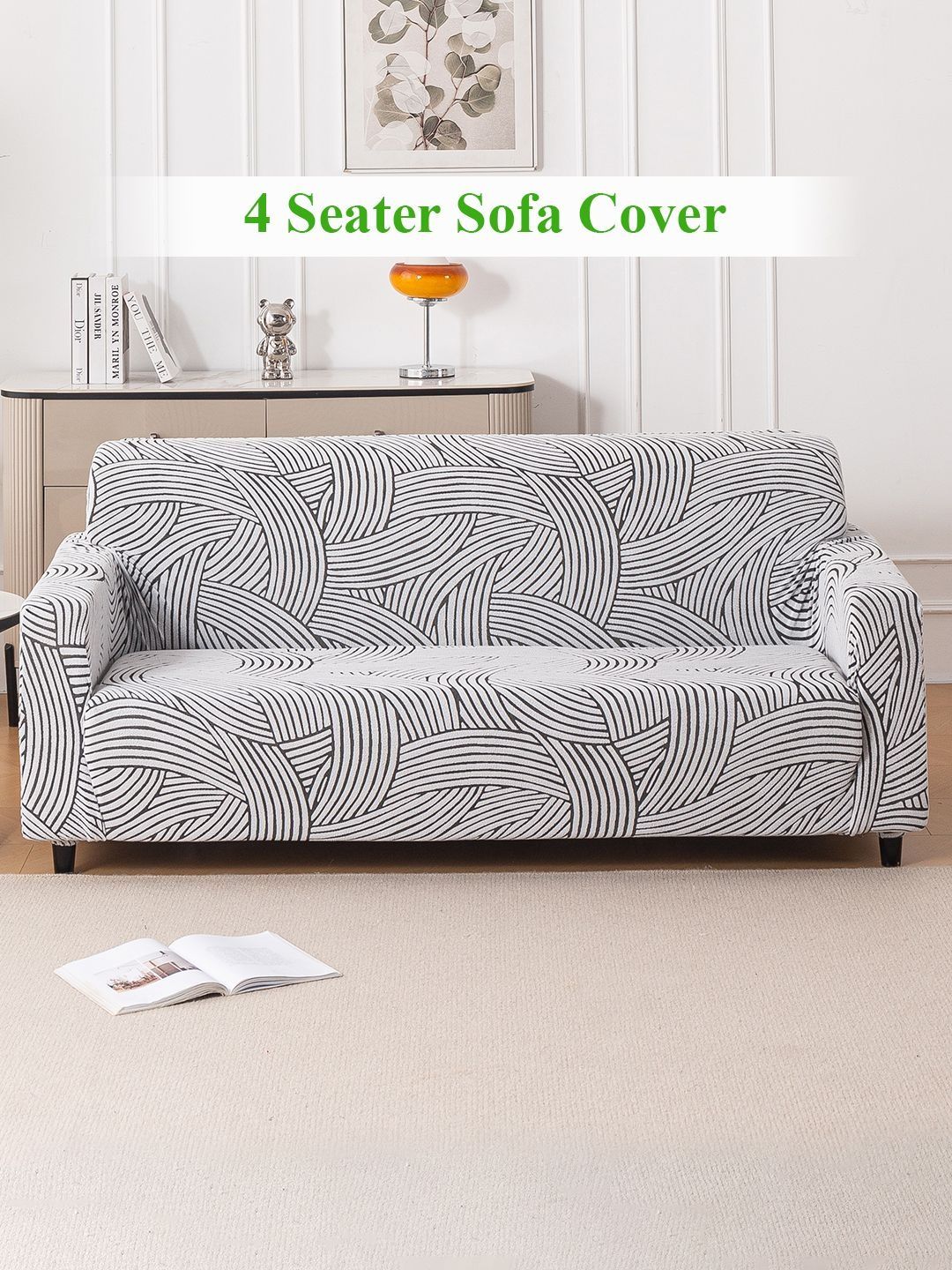 HOKIPO White Printed 1 Piece Sofa Cover With Arms-picture-26