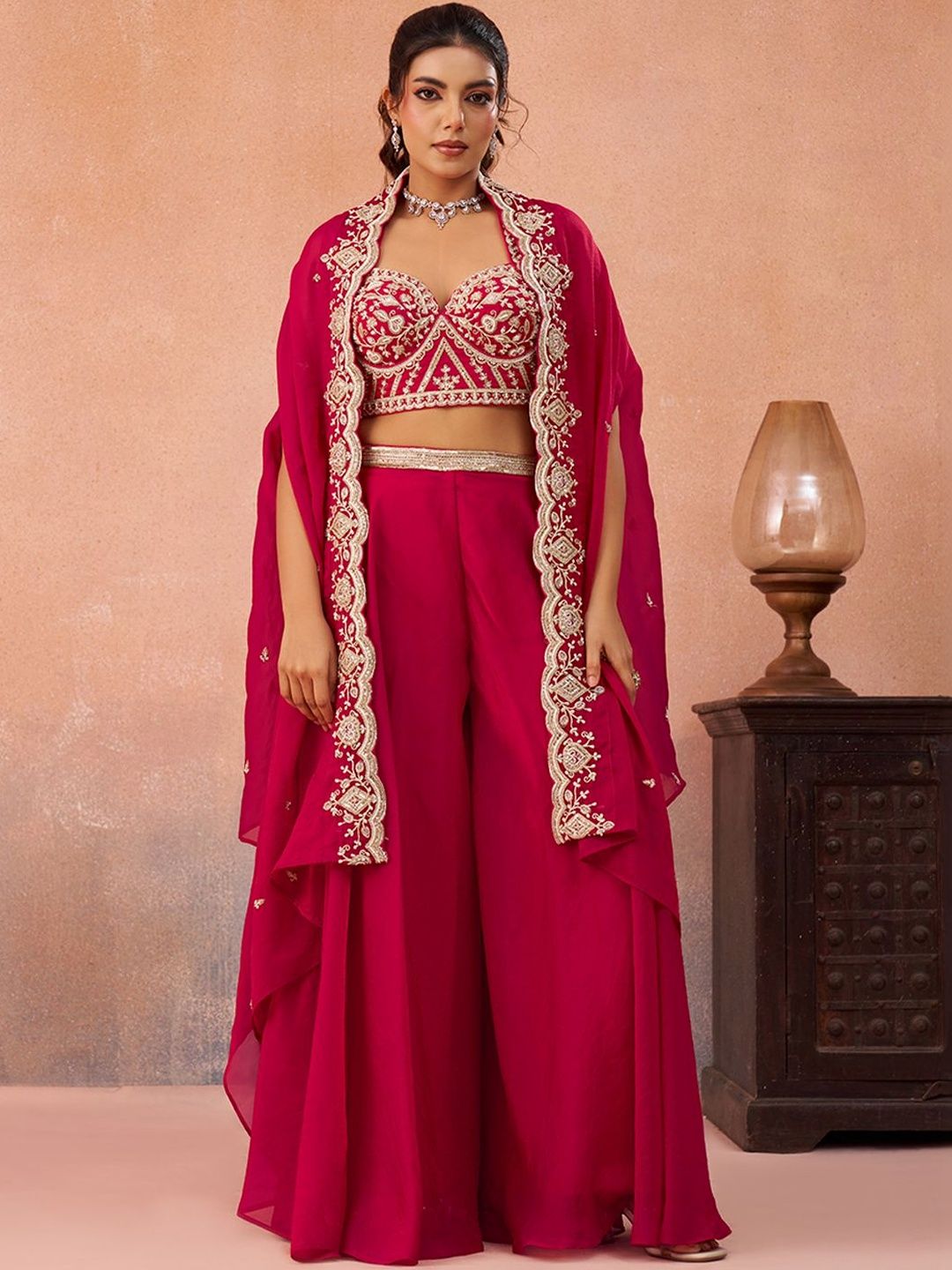 panchhi Floral Embroidered Organza Top With Palazzos & Shrug-picture-47