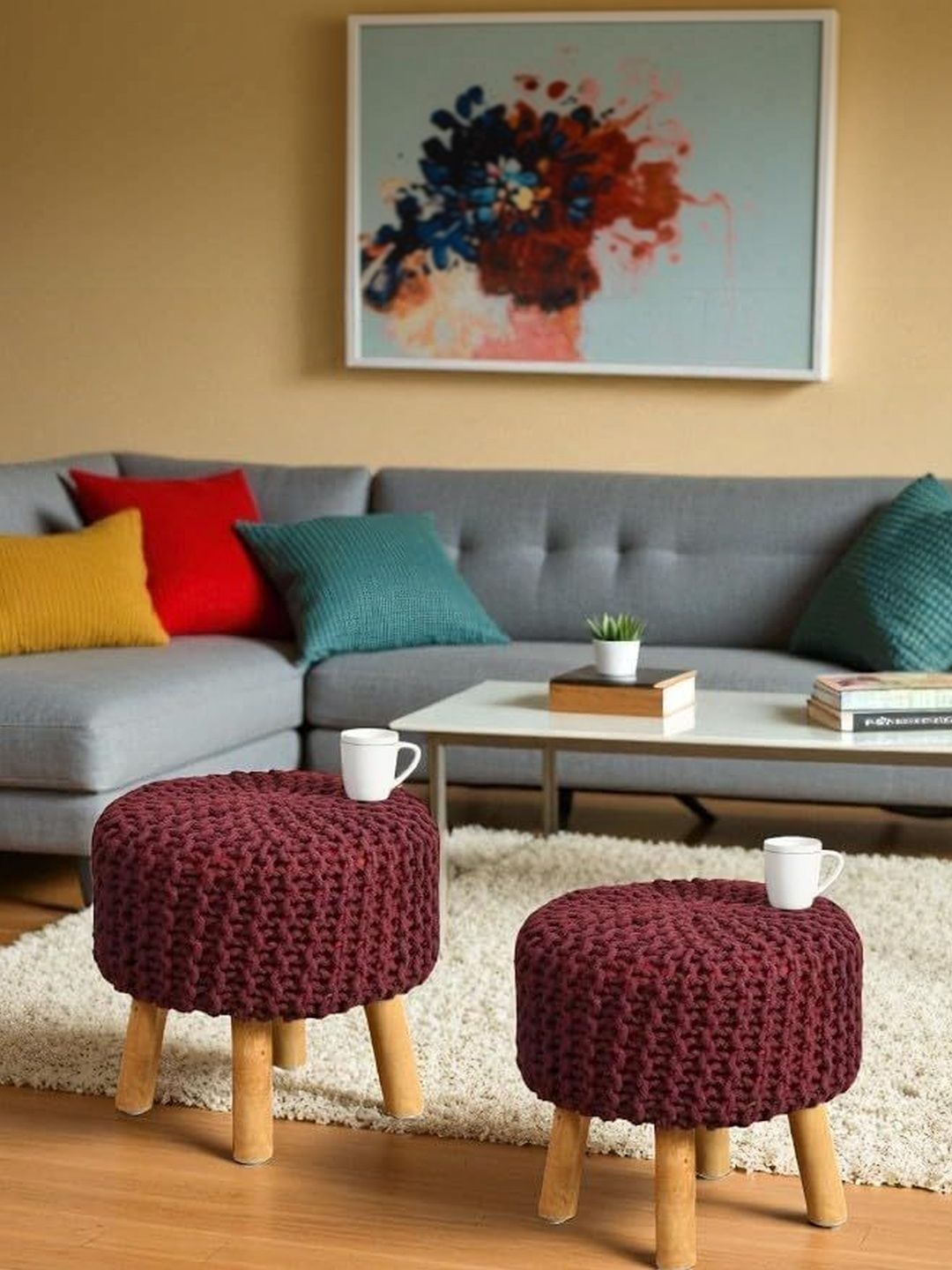 Shadowkart 2 Pieces Maroon Round Ottomans-image-22
