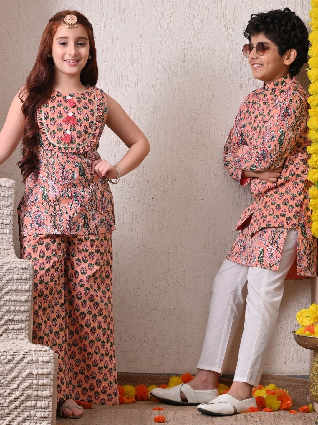 House of Pataudi Girls Printed Pure Cotton Round Neck Kurta & Trousers-picture-51