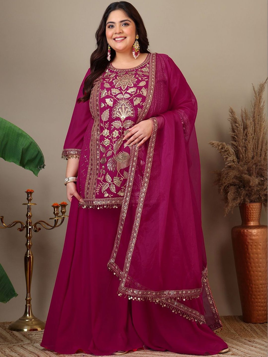 INDDUS PLUS Women Floral Embroidered Regular Sequinned Kurta with Palazzos & With Dupatta-picture-35