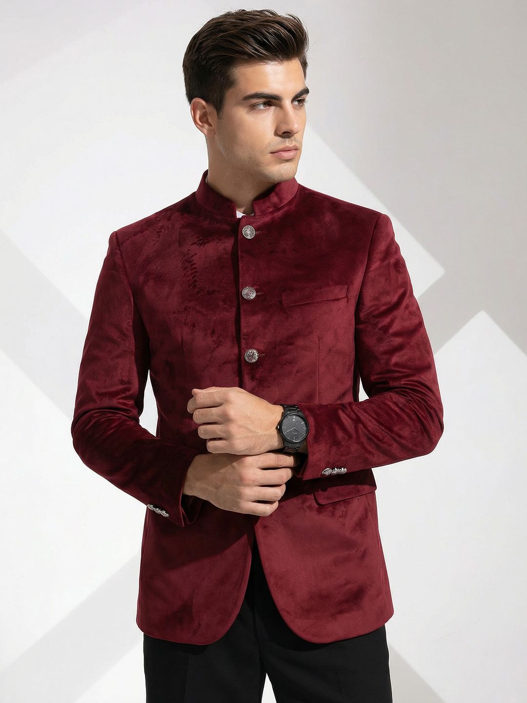 INVICTUS Textured Mandarin Collar Bandhgala Blazer-picture-41