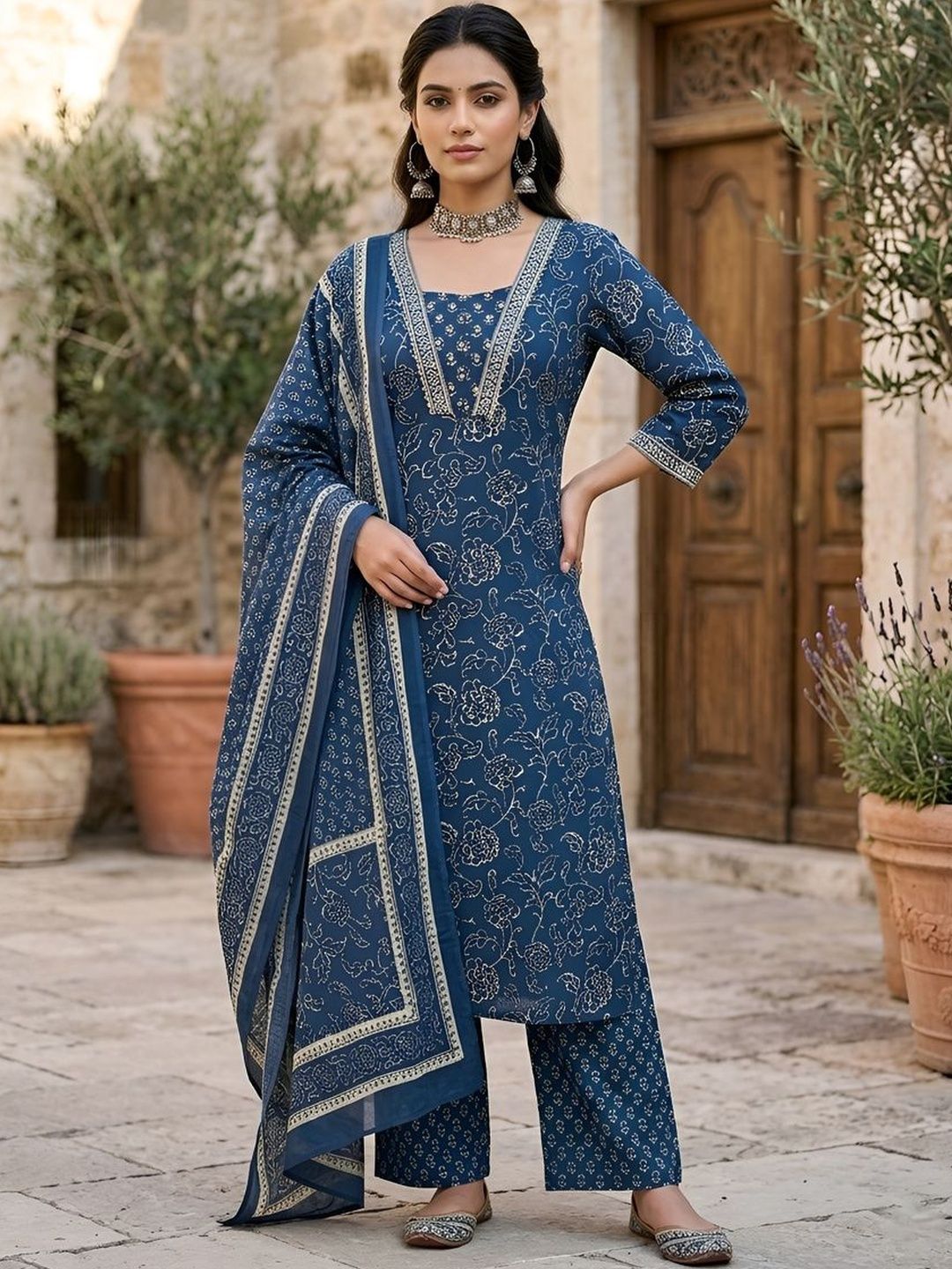 Nayo Women Ethnic Motifs Printed Regular Pure Cotton Kurta with Palazzos & With Dupatta-picture-50