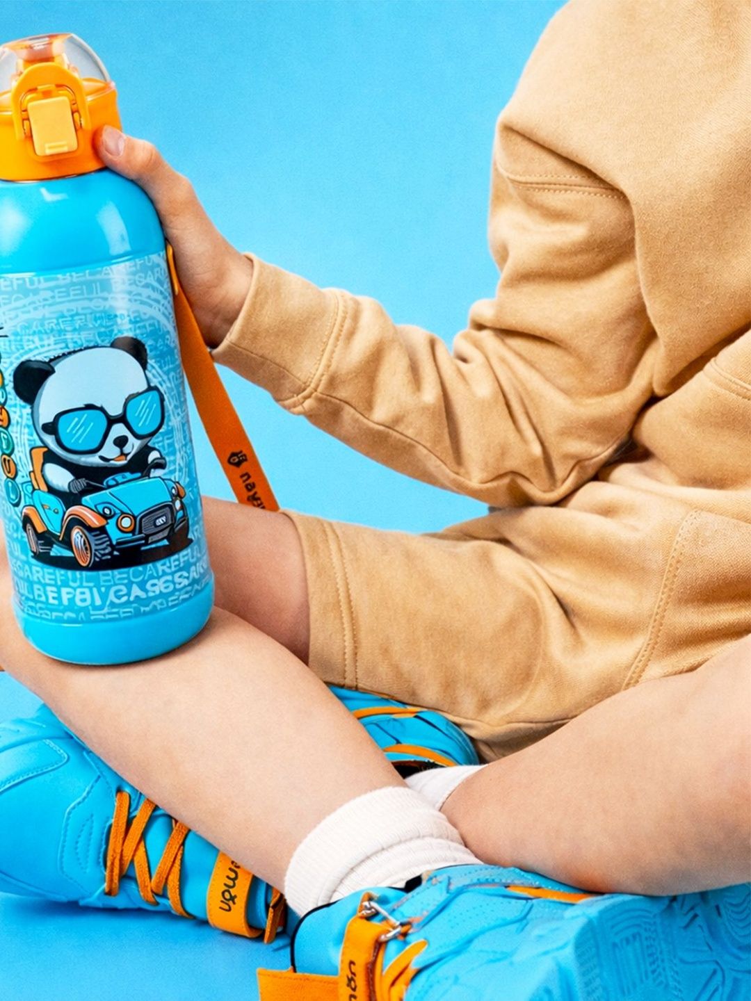 Nayasa Single Tumble Blue Cool Panda Print Plastic Leakproof Bottle Push Button Cap 500ml-image-3