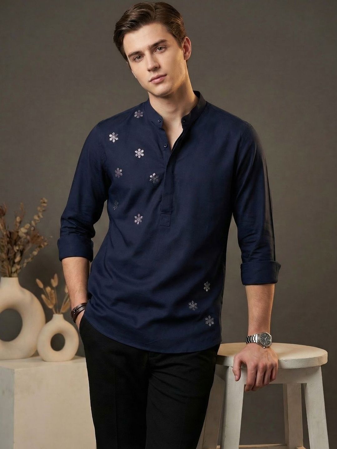 HE SPOKE Men Foil Printed Smart Casual Satin 2-Way Stretch Kurta-picture-13