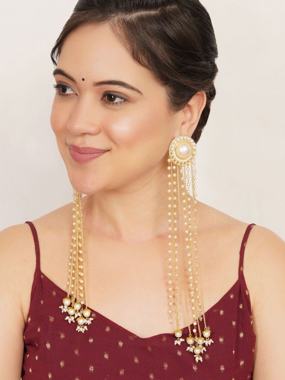 BeAbhika Kashmiri Long Multi-Chain Pearls Statement Earrings-image-28