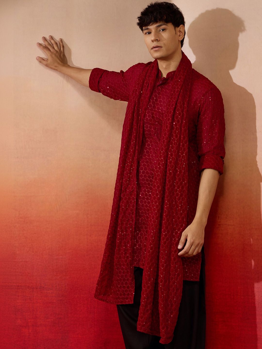 VASTRAMAY Men Maroon Sequin Embroidered Georgette Kurta with Dupatta-image-18