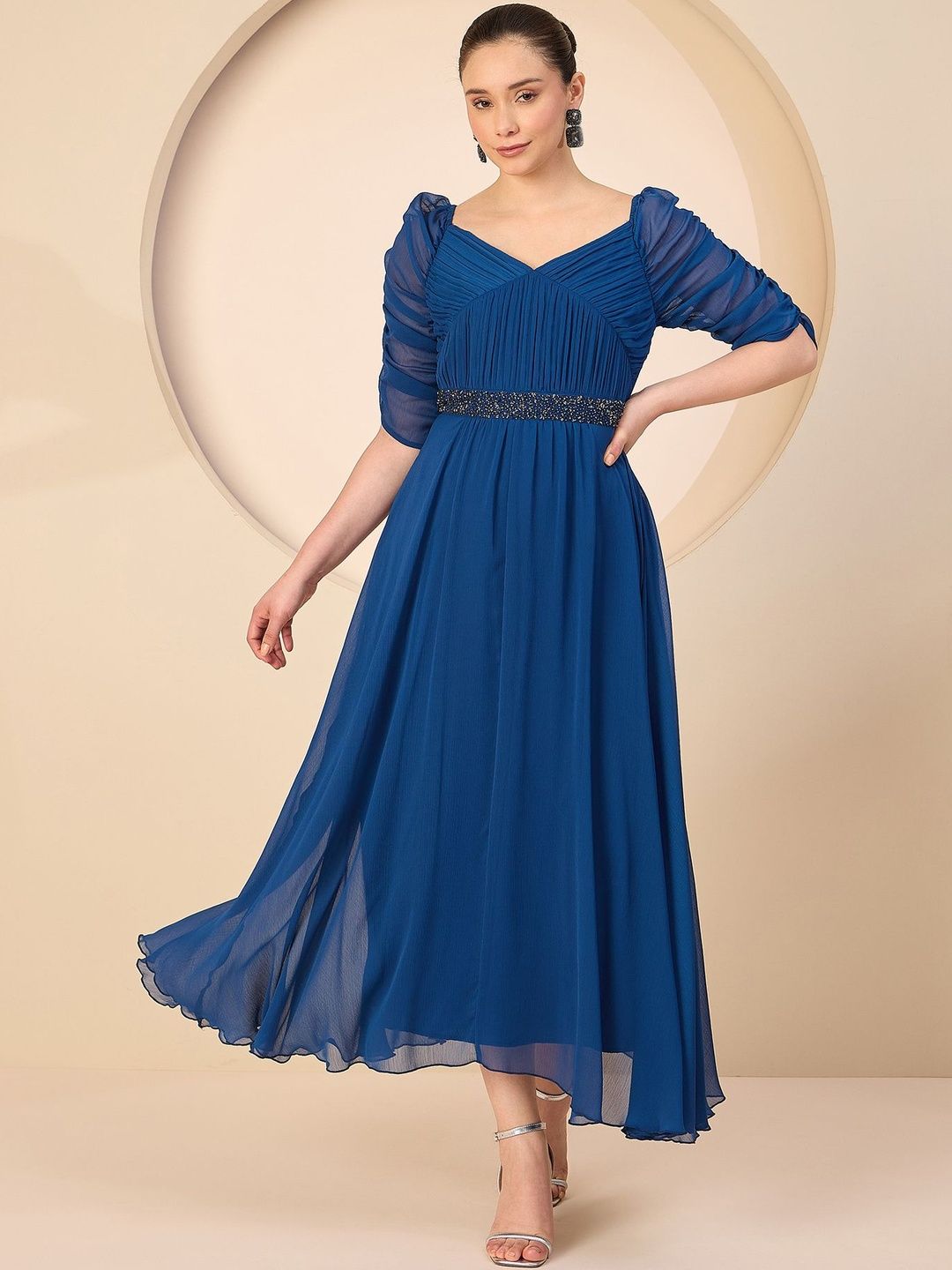 Antheaa Embellished Sweetheart Neck Chiffon A-Line Midi Dress-image-45
