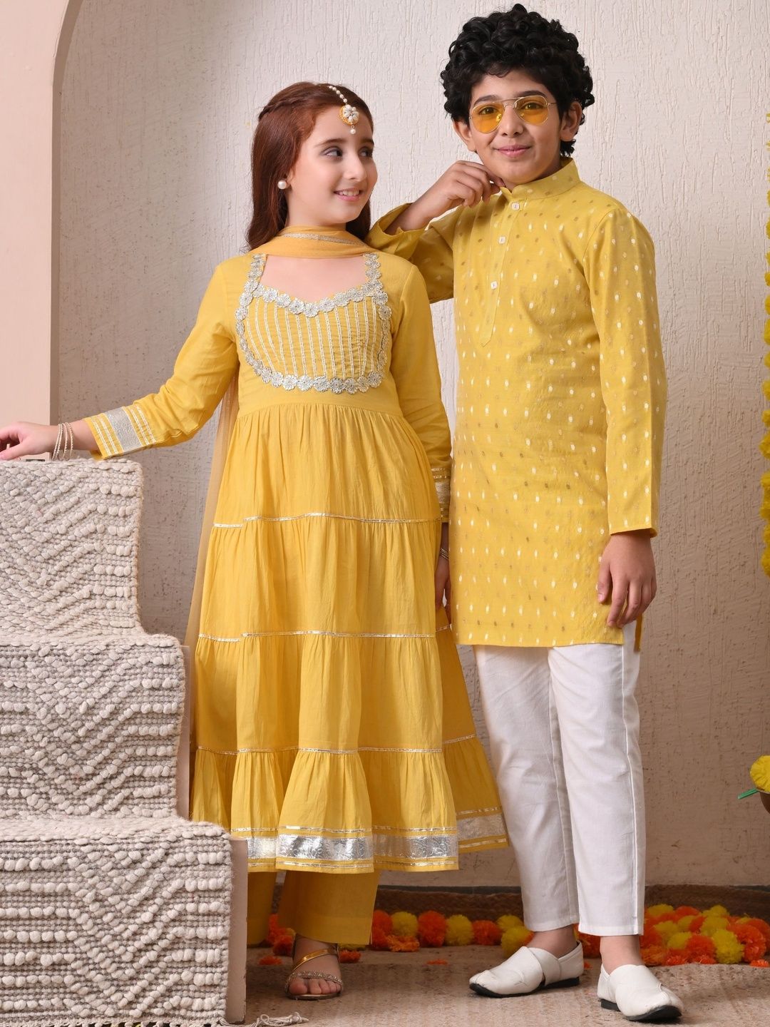 House of Pataudi Girls Embroidered Pure Cotton Round Neck Kurta With Dupatta-picture-37