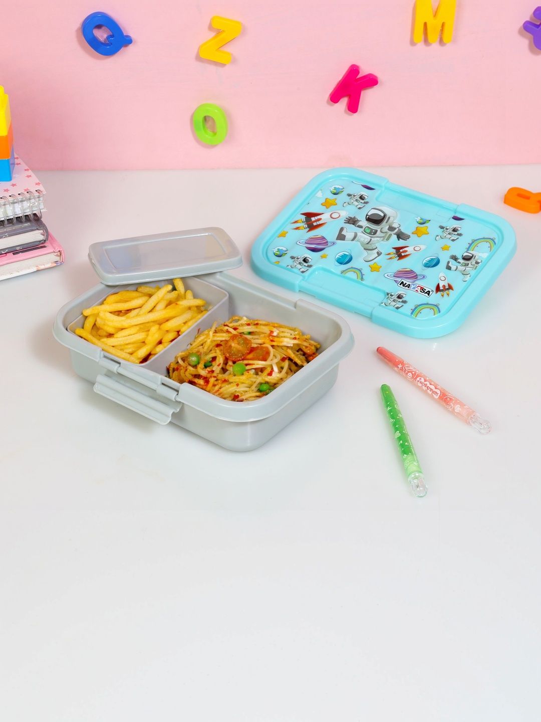 Nayasa Single Punch Blue & Grey Astronaut Plastic 2 Compartment Clip Lock Lunch Box-picture-46