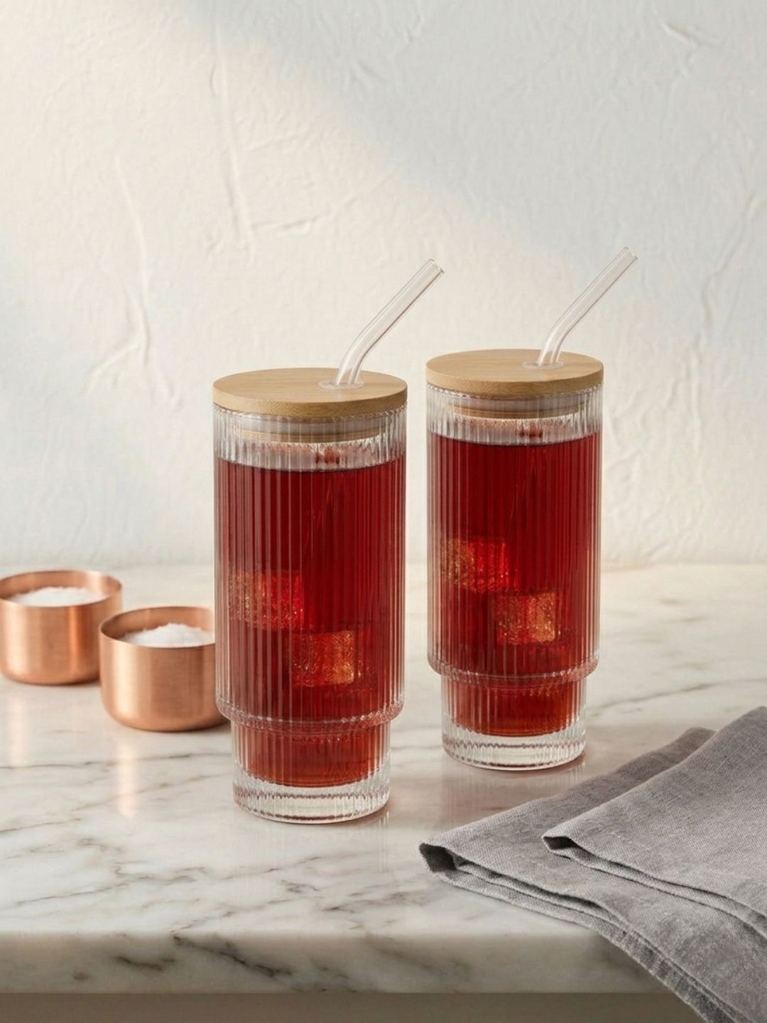 FINSTER Transparent 2 Pieces Glass Coffee Sipper Mugs With Straw & Lid - 300 ml Each-picture-52