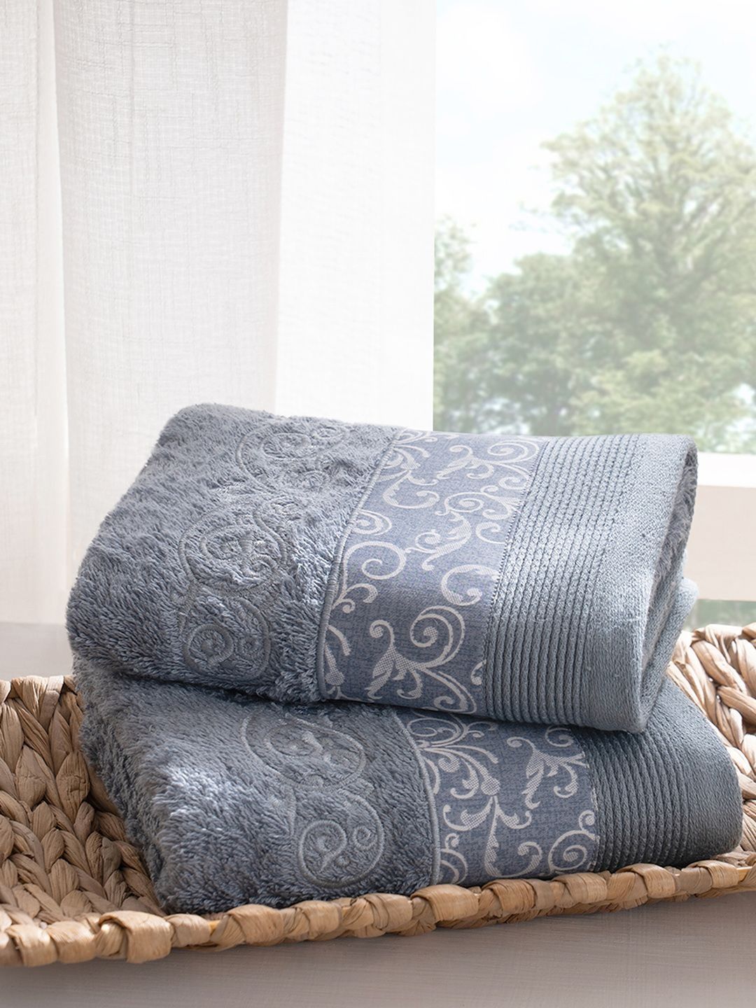 MASPAR 2 Pieces Blue & Grey Printed Pure Cotton Hand Towel-image-34