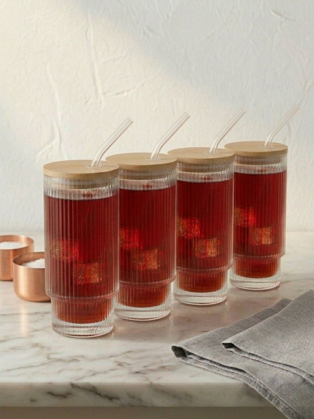 FINSTER Set Transparent 3 Pieces Glass Coffee Sipper Mugs With Straw & Lid - 300 ml Each-picture-49