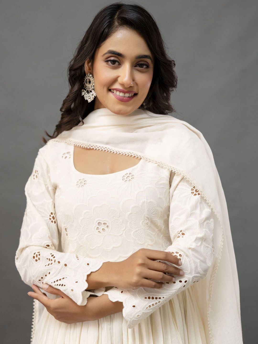 The Fashion Farm Women Off White Pure Cotton Anarkali Set-picture-50