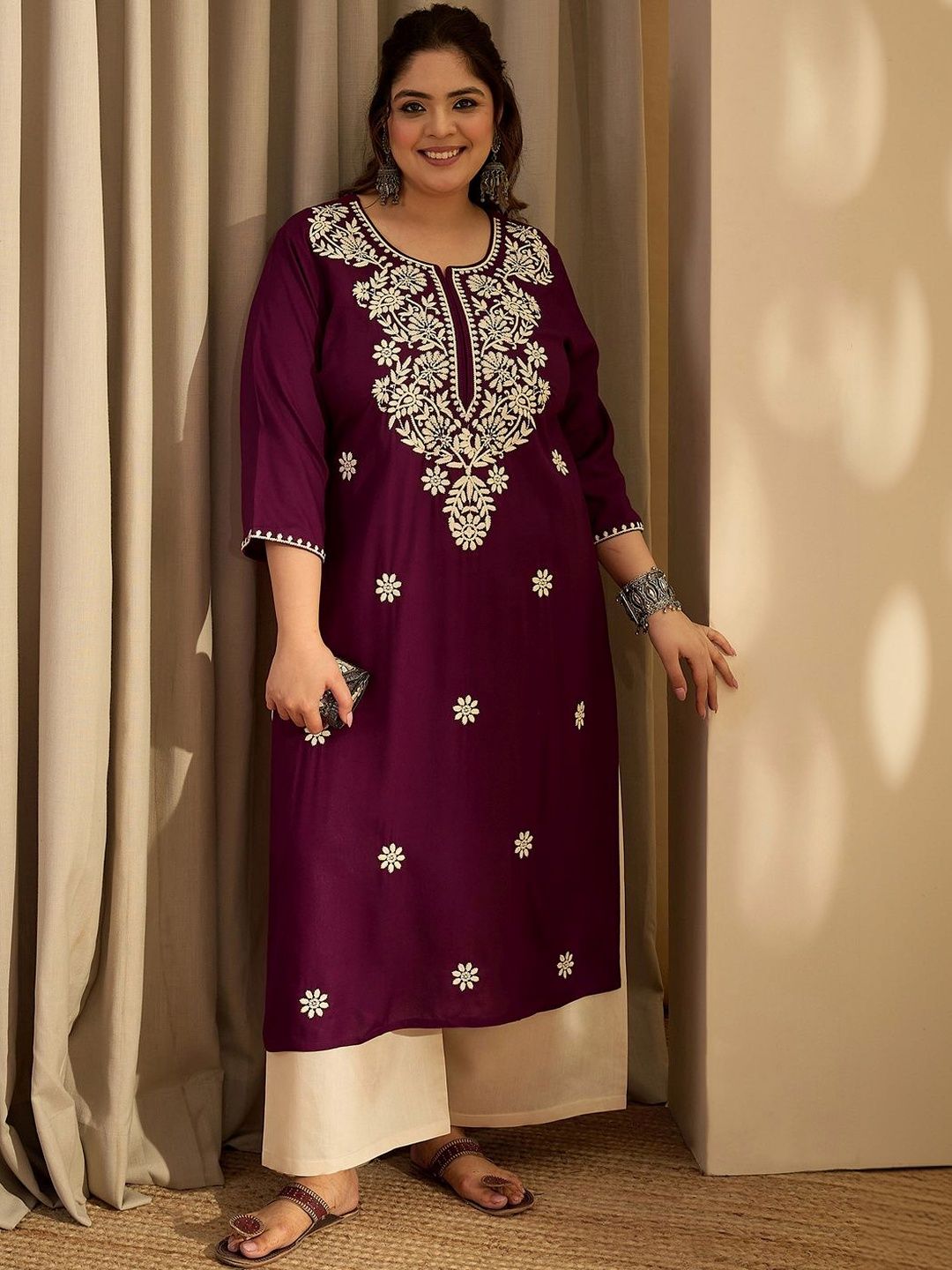 Indo Era Plus Size Purple Embroidered Straight Kurtas-image-4