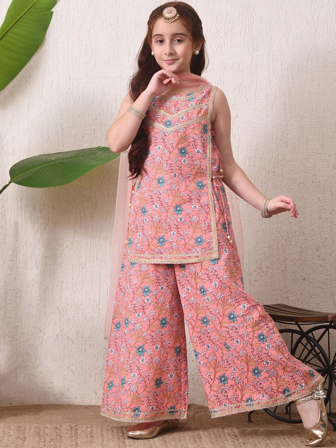 House of Pataudi Girls Printed Pure Cotton Round Neck Kurta & Palazzos With Dupatta-picture-53