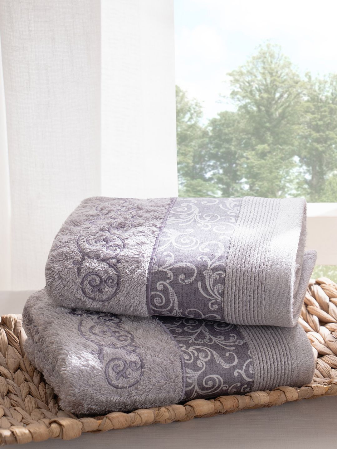 MASPAR 2 Pieces Purple & Grey Printed Pure Cotton Hand Towel-image-32
