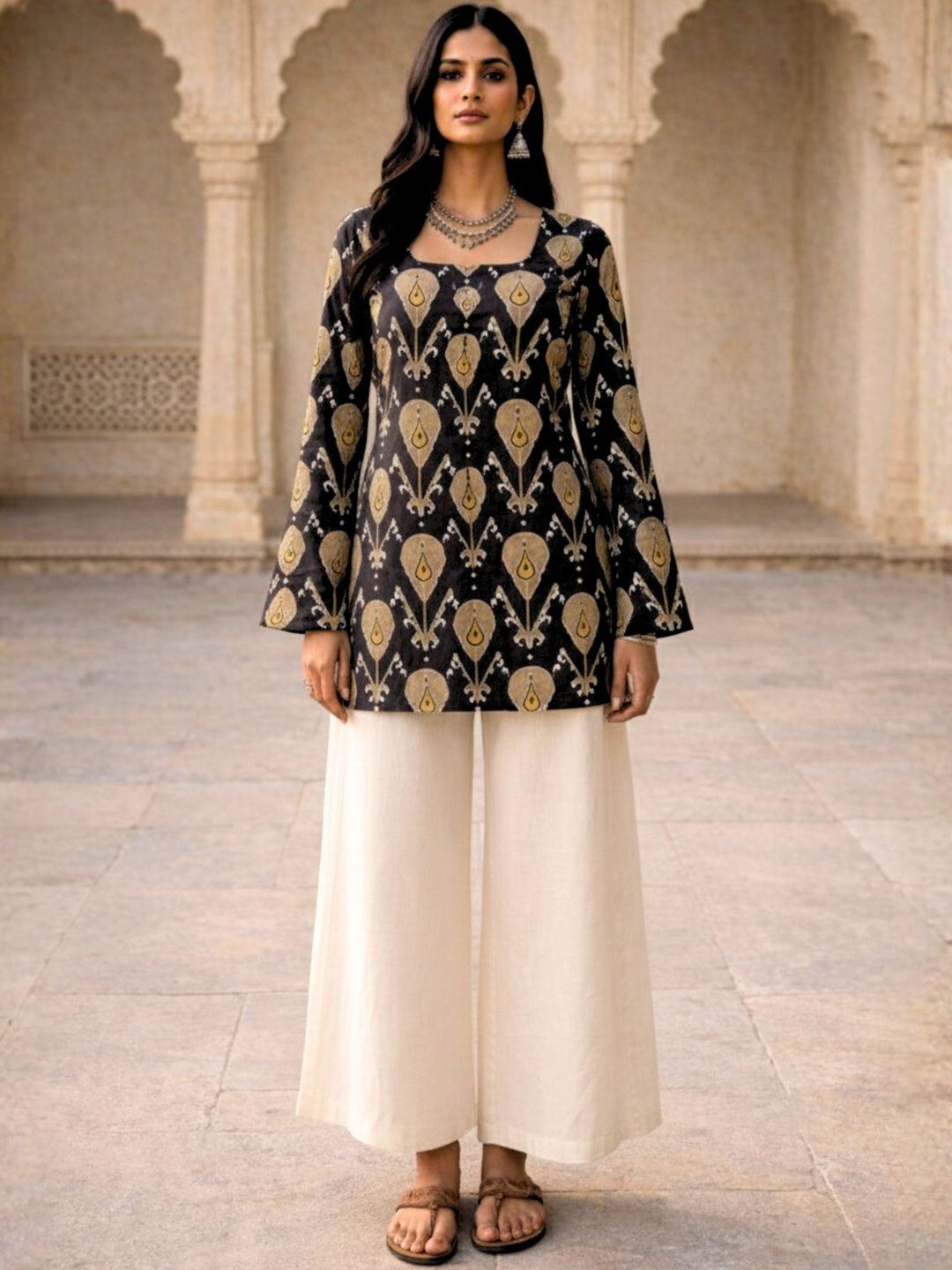 Sivaka India Ethnic Motifs Printed Square Neck Flared Sleeves Pure Cotton Kurti-picture-20