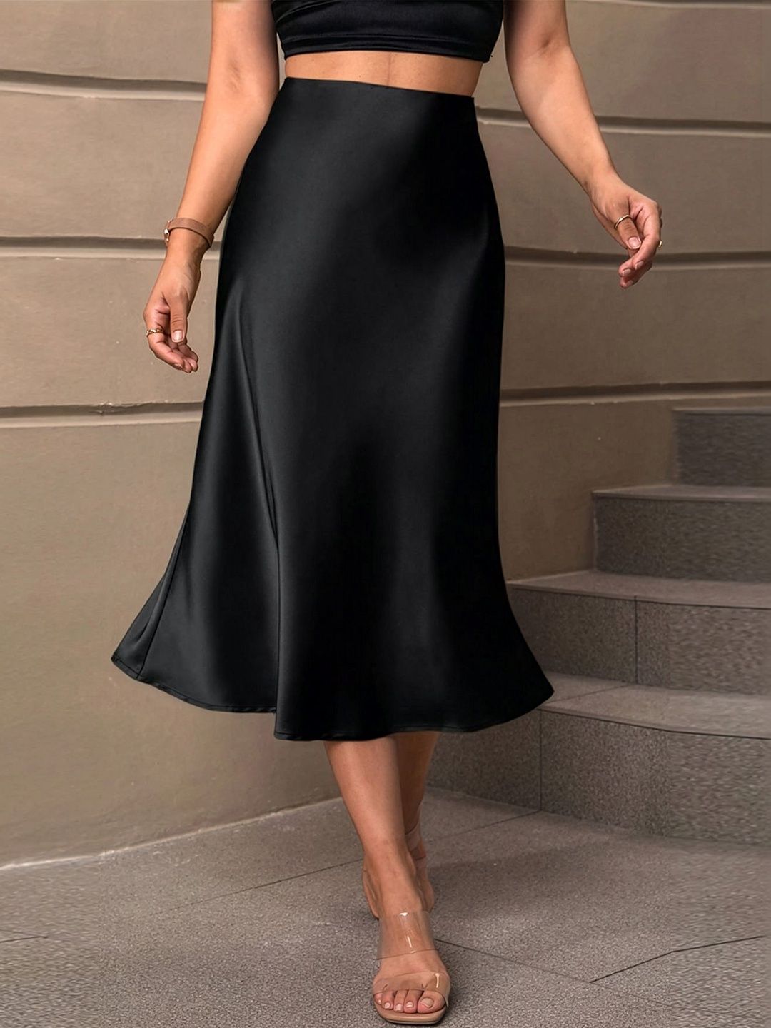 AAHWAN Women Satin Midi A-Line Skirt-picture-12
