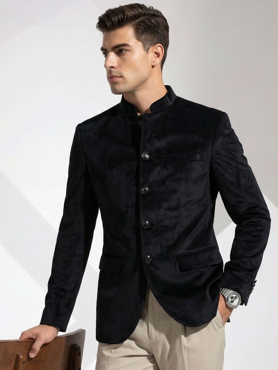 INVICTUS Textured Mandarin Collar Bandhgala Blazer-picture-45
