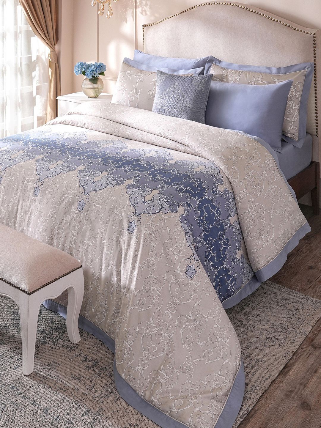 MASPAR Blue Cotton 8 Piece Double King Superfine Bedding Set-image-7