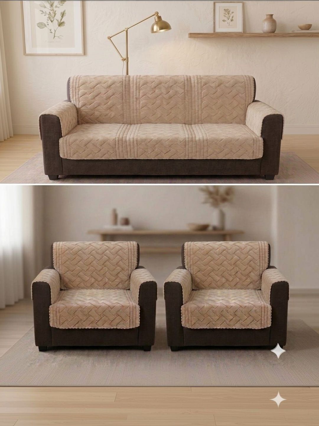 RAINBOW FURNISHINGS Beige Checked Polyester Blend Sofa Cover With Arms-picture-19