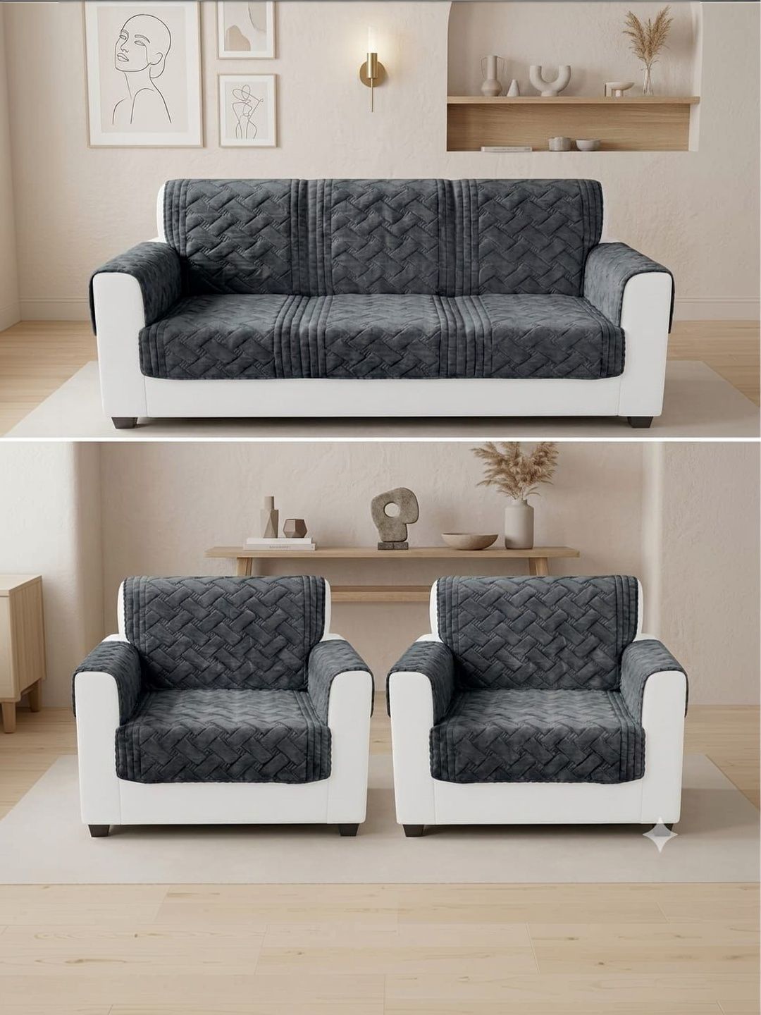 RAINBOW FURNISHINGS Grey Checked Polyester Blend Sofa Cover With Arms-image-49