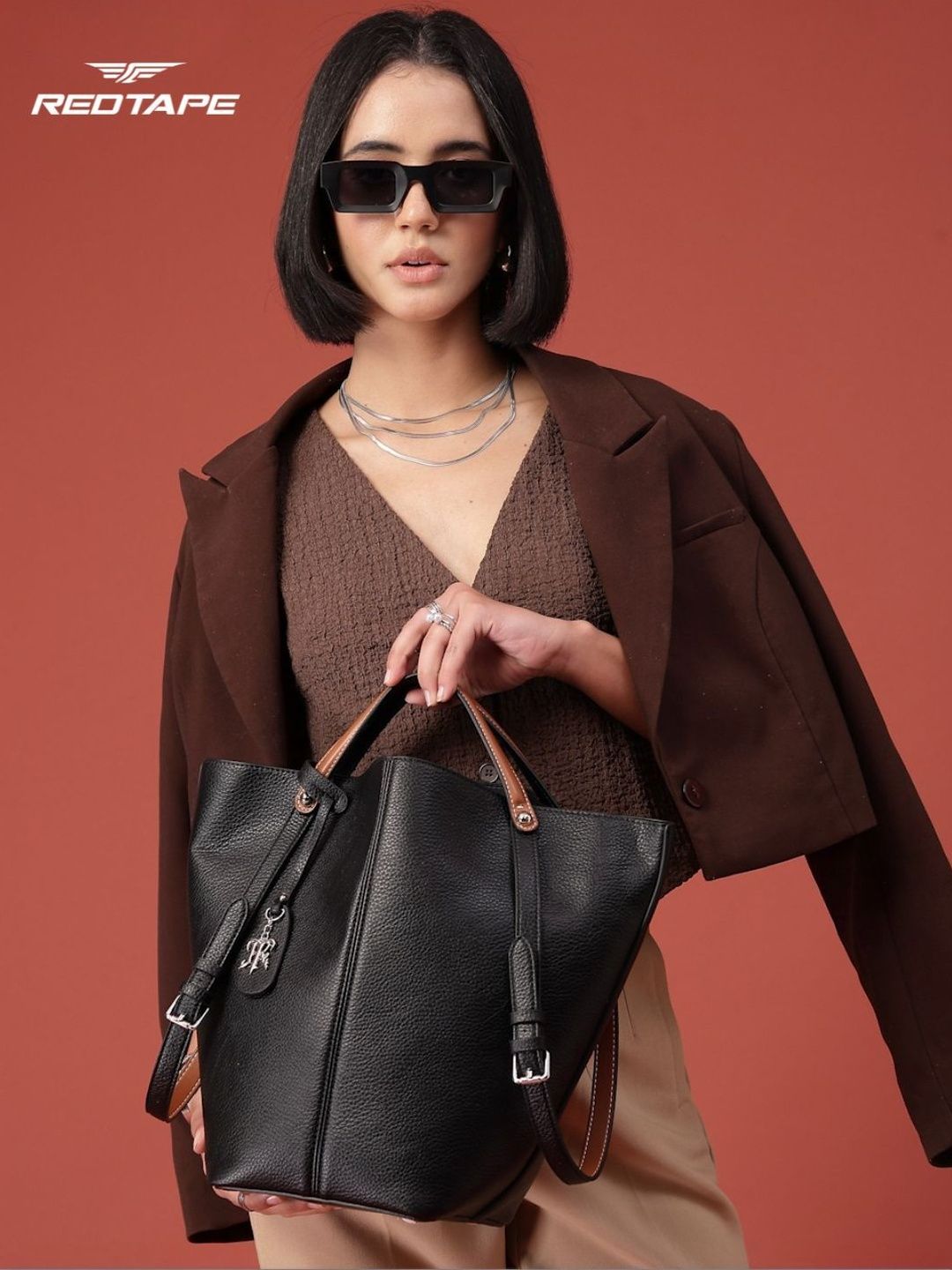 Red Tape Women Set of 2 Black Textured Casual Formal Structured Tote Bag-picture-27