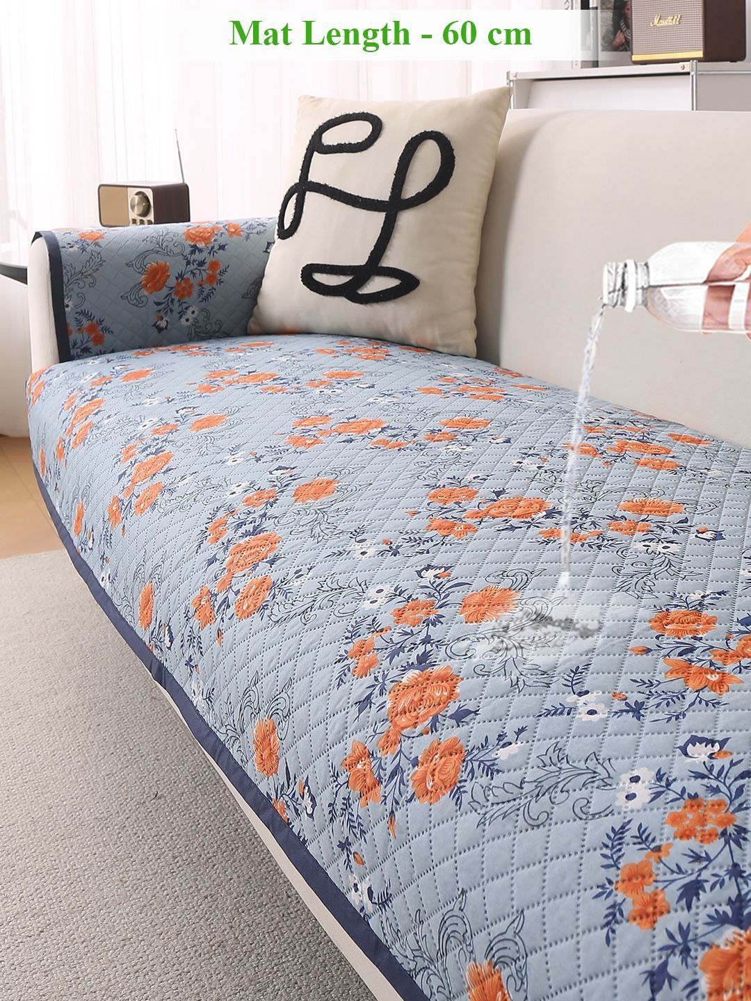 HOKIPO Blue Printed 1 Piece Sofa Cover Without Arms-image-43