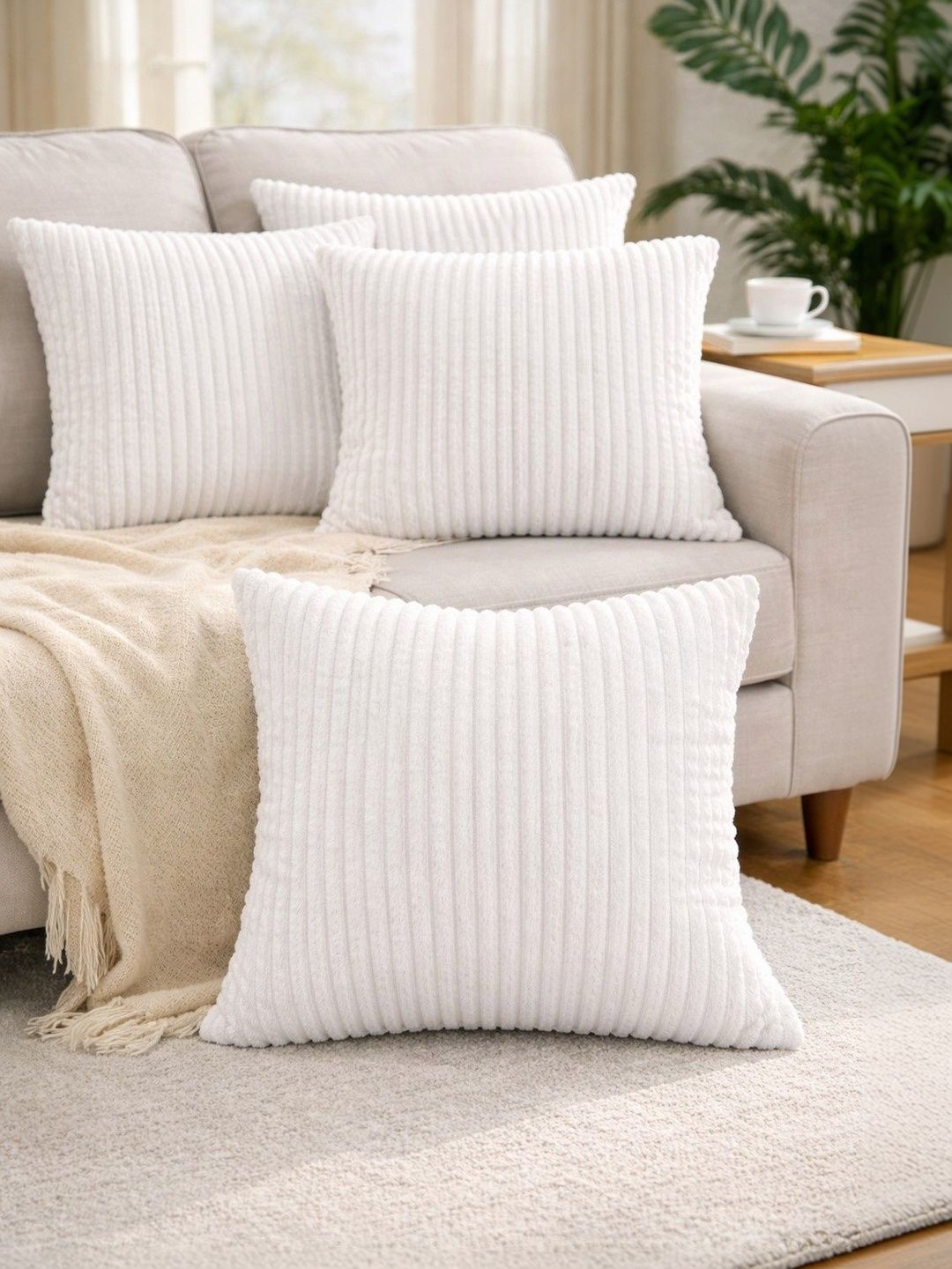 LOFEY White Set of 5 Striped Velvet Square Cushion Covers-picture-31