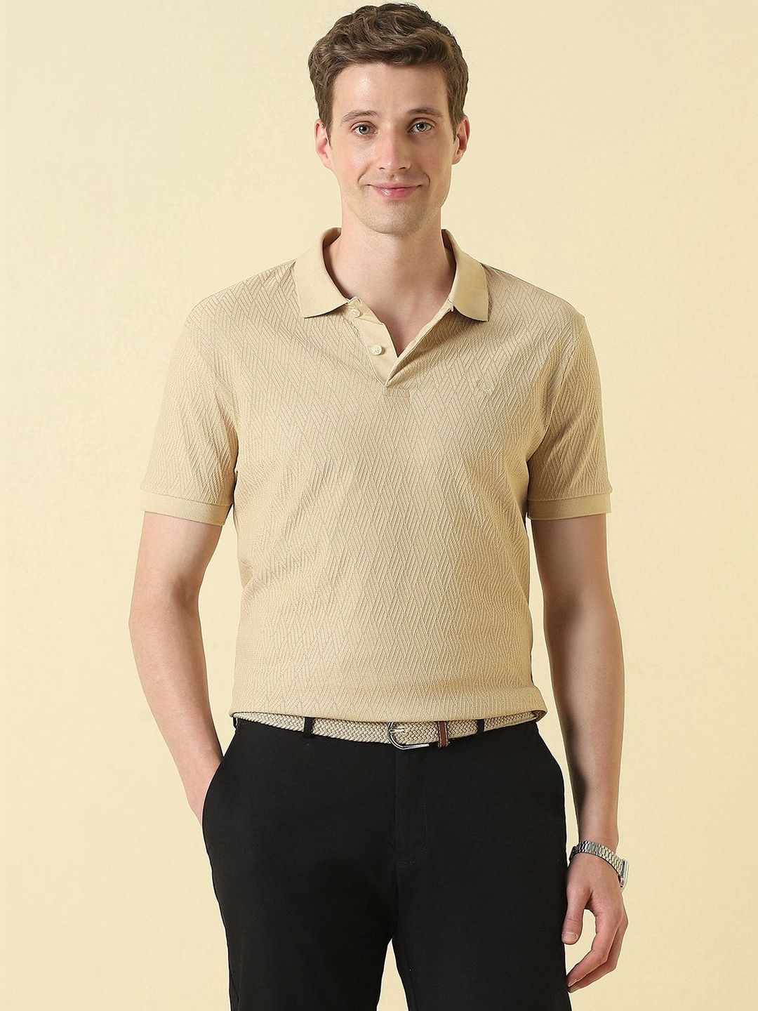 Allen Solly Men Beige Textured Polo Neck Tshirts-picture-20