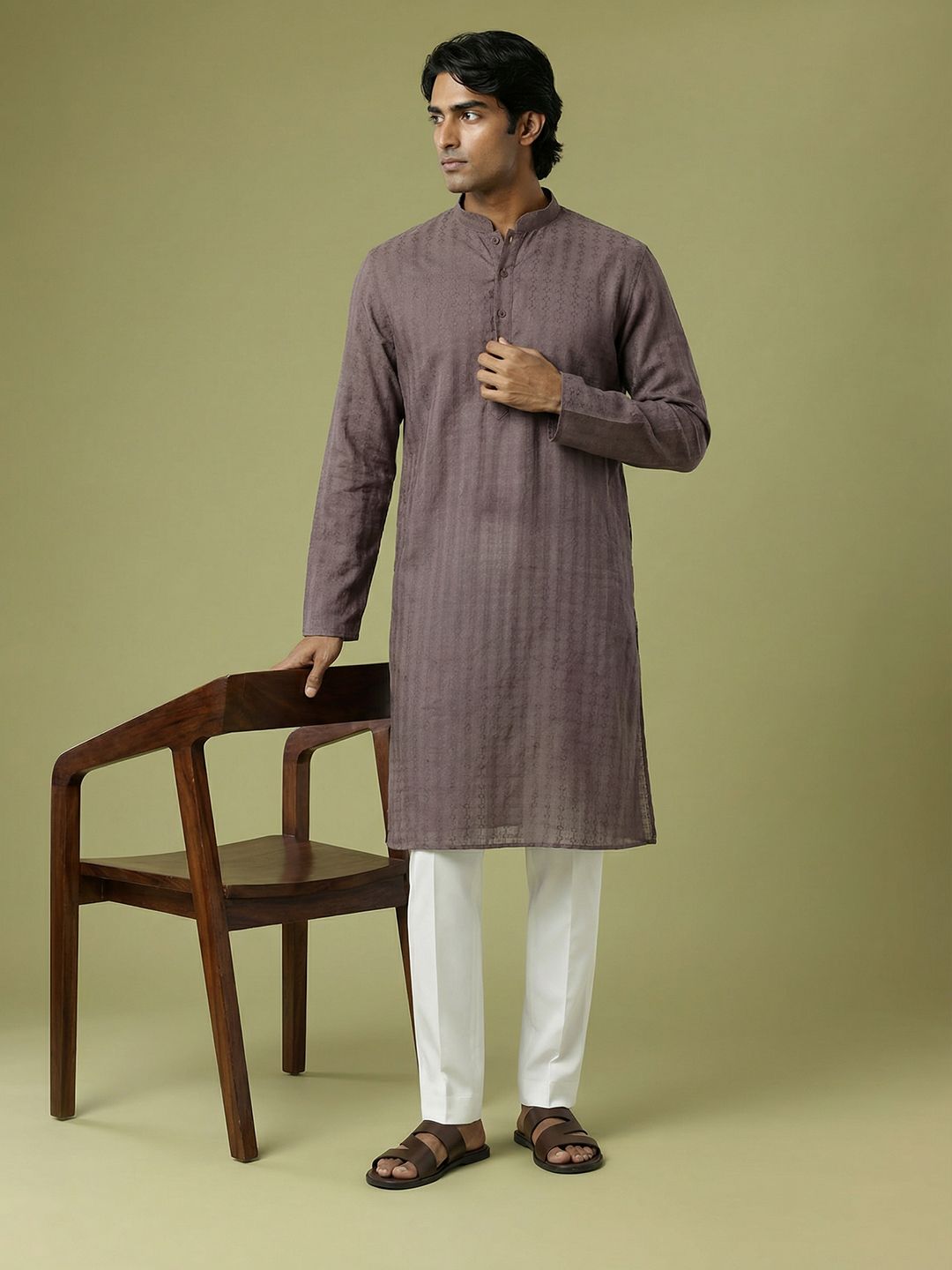 Anouk Woven Design Striped Mandarin Collar Kurta-picture-37