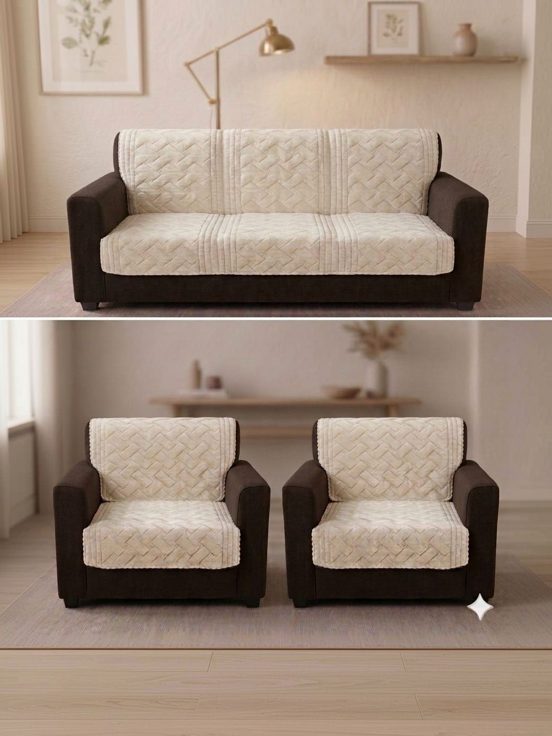 RAINBOW FURNISHINGS Cream-Coloured Checked Polyester Blend Sofa Cover Without Arms-image-39