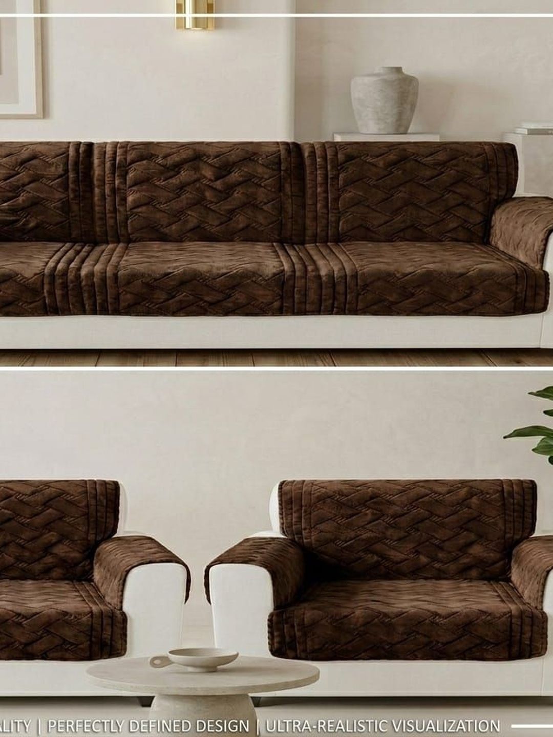 RAINBOW FURNISHINGS Coffee Brown Checked Polyester Blend Sofa Cover With Arms-picture-53