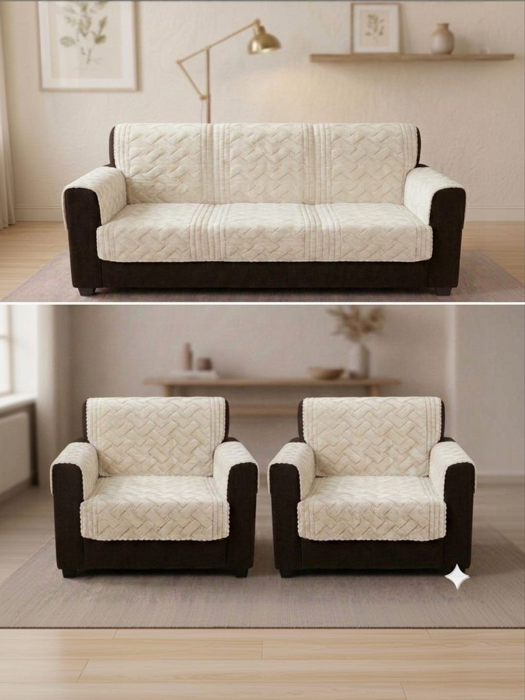 RAINBOW FURNISHINGS Cream-Coloured Checked Polyester Blend Sofa Cover With Arms-image-37