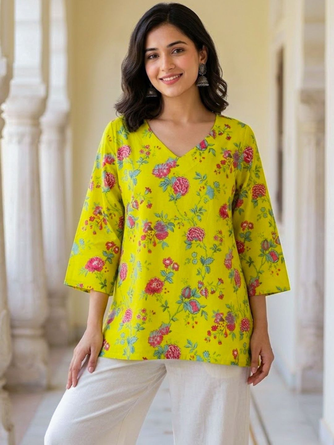 Sivaka India Floral Printed V-Neck Pure Cotton Kurti-picture-11