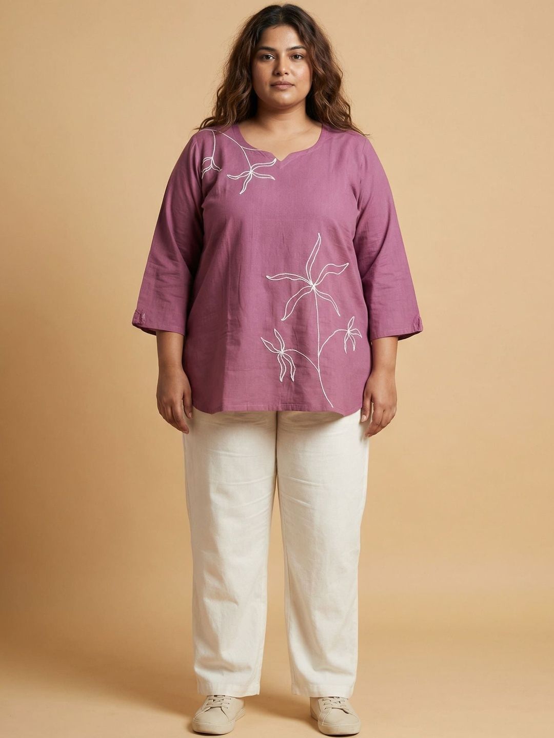 Curvy Lane Floral Embroidered Notch Neck Cotton Plus Size Top-picture-52