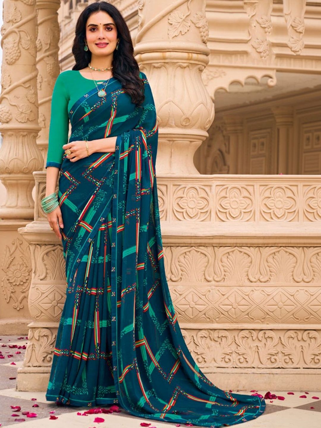 Vishal Prints Midnight Blue Printed Georgette Fancy Border Sarees-image-42