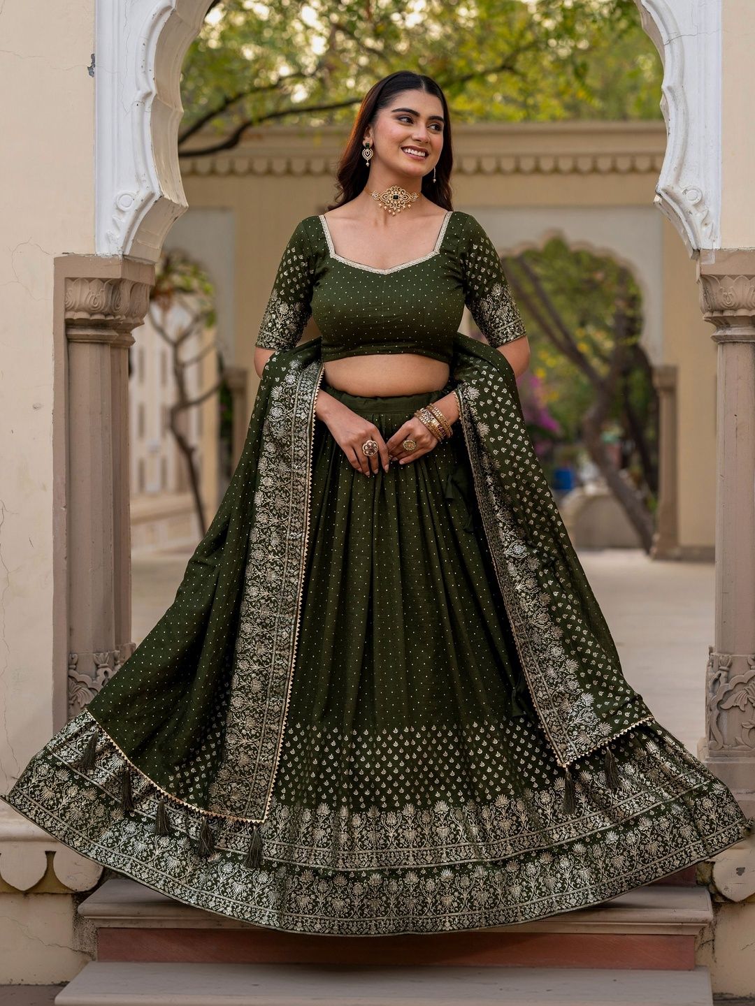 GULDORI Beads and Stones Tie Dye Semi-Stitched Lehenga & Unstitched Blouse With Dupatta-image-28