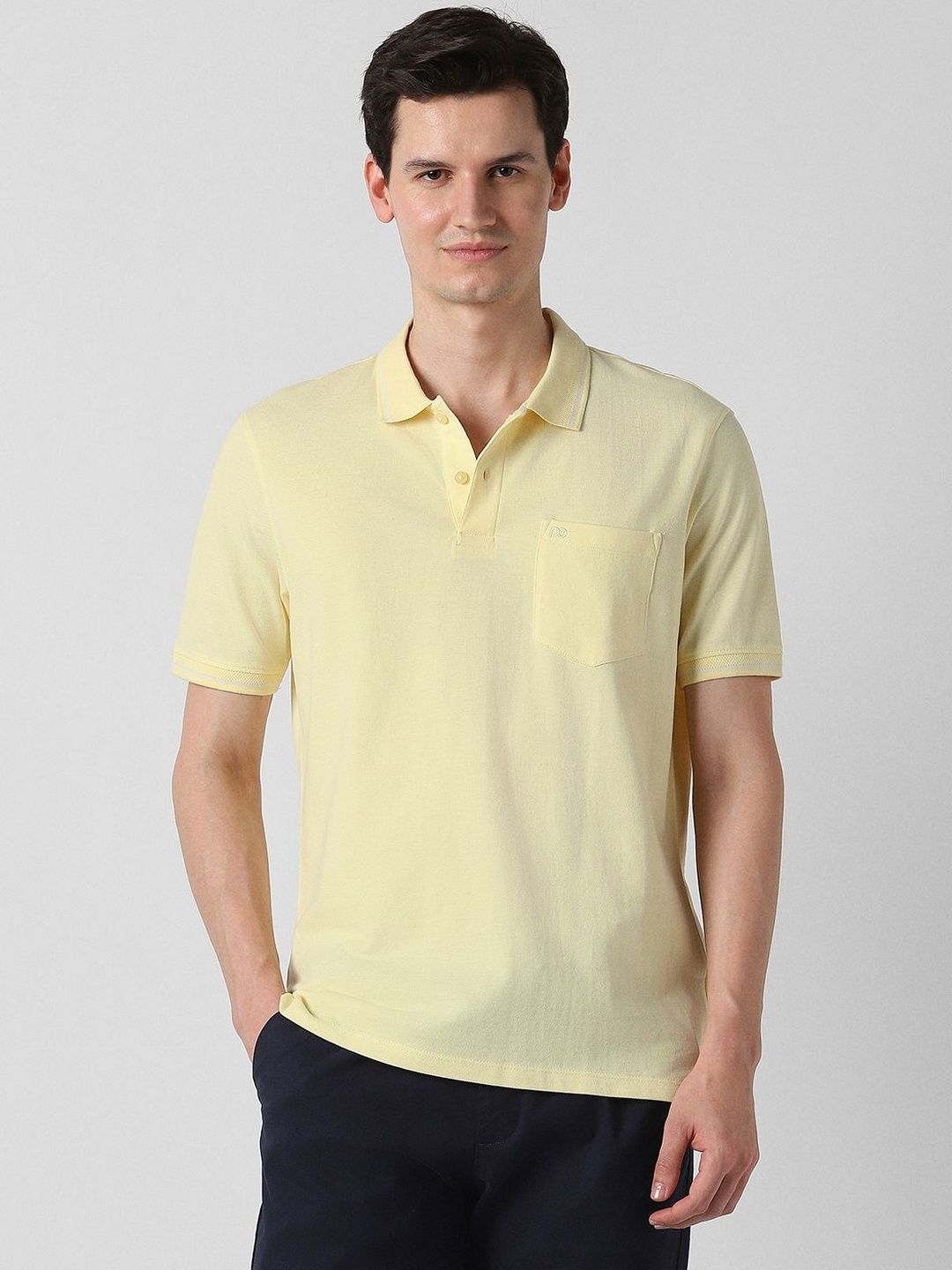 Peter England Casuals Men Yellow Textured Polo Neck Tshirts-image-5