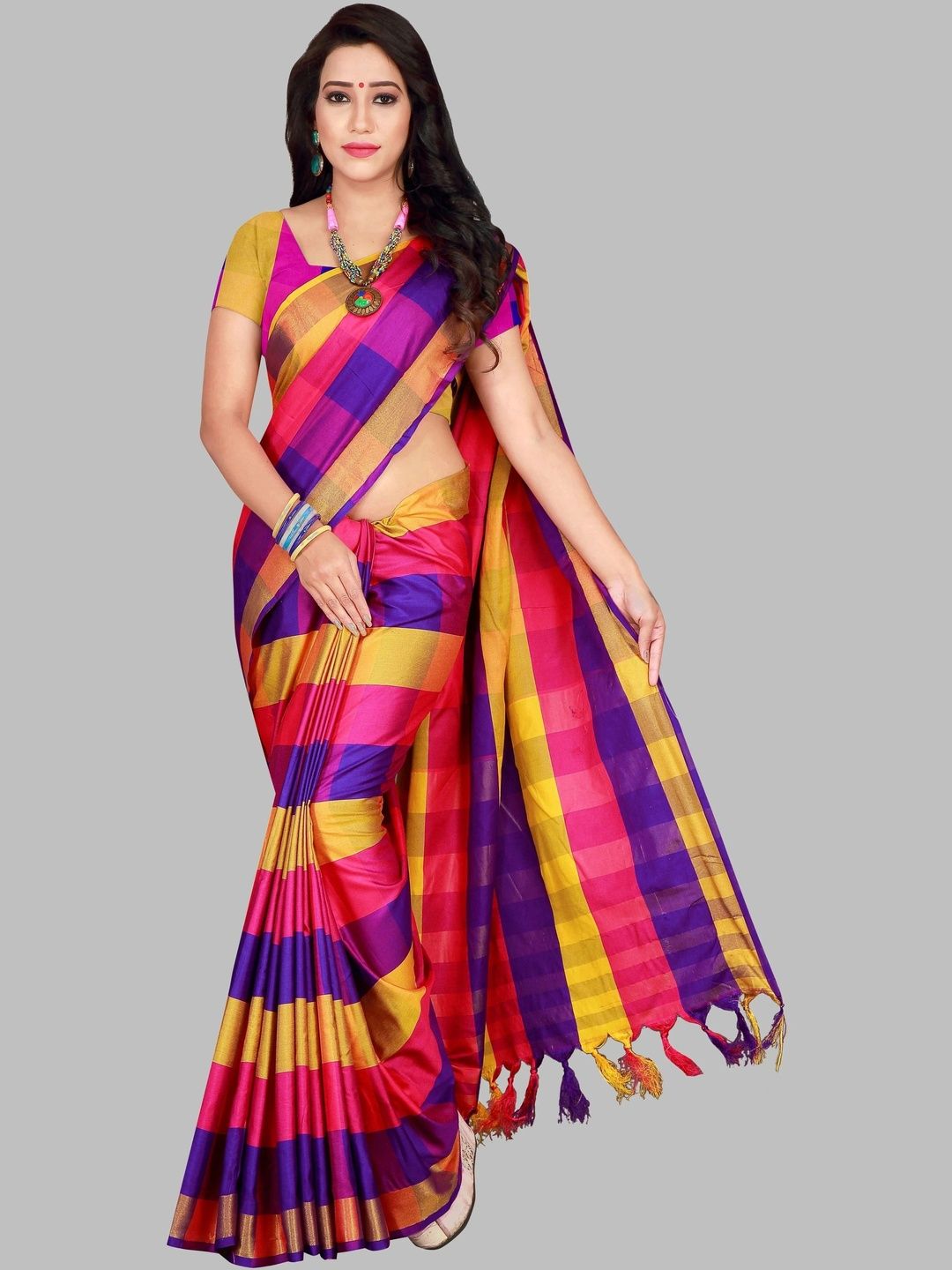 PRIYANSH CREATION Checked Silk Cotton Saree-picture-9