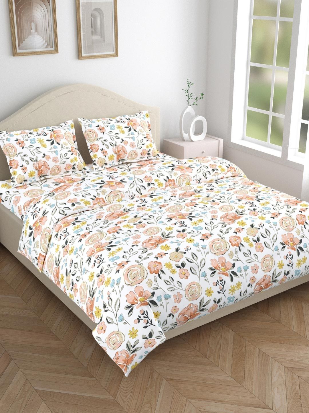 haus & kinder White & Orange Floral 144 TC Bedsheet with 2 Pillow Covers-picture-10
