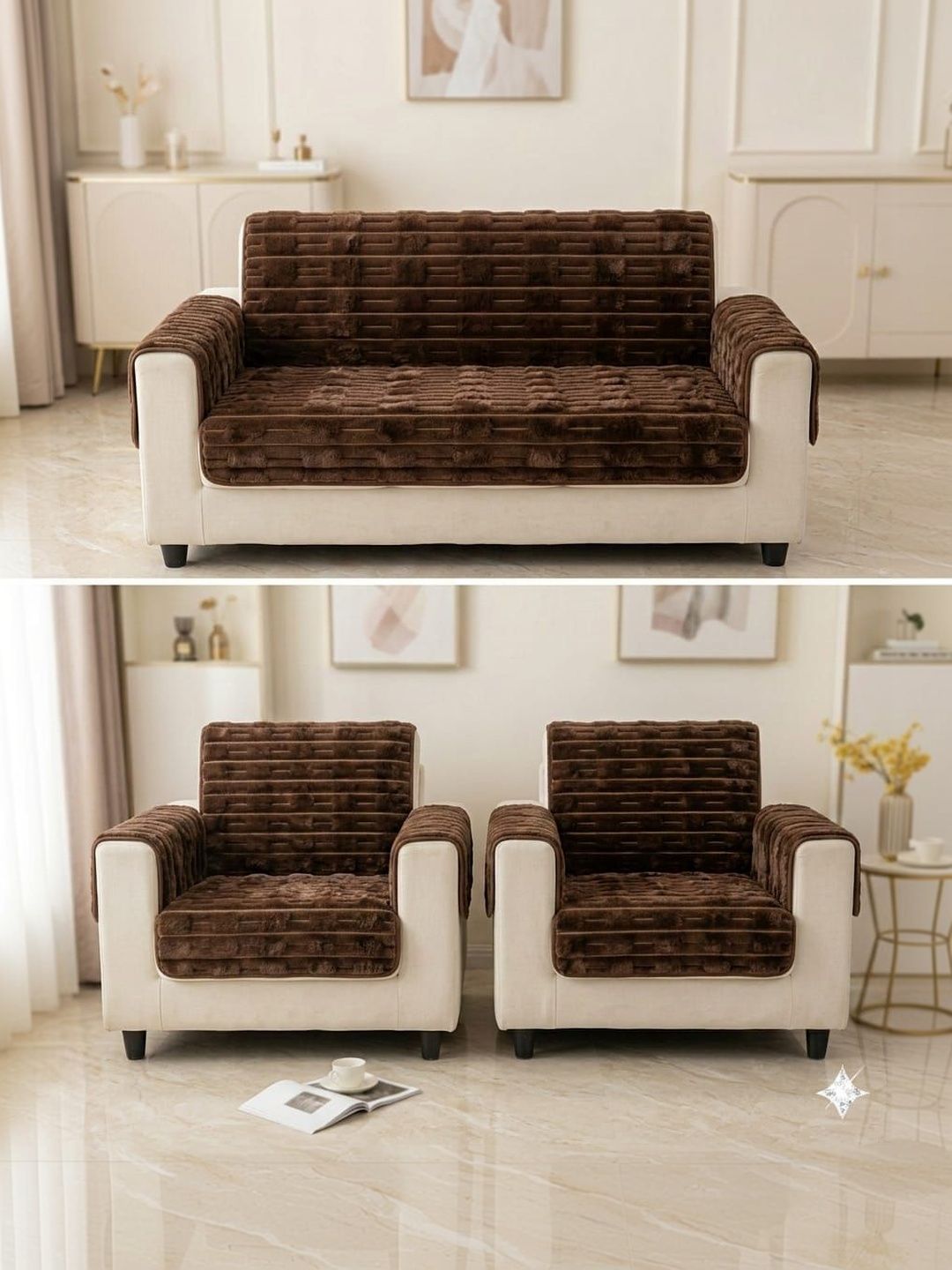 RAINBOW FURNISHINGS Coffee Brown Striped Polyester Blend Sofa Cover With Arms-picture-16