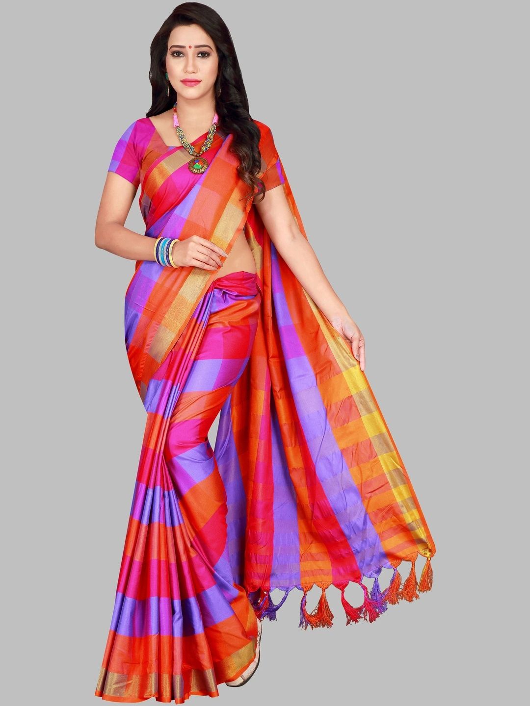 PRIYANSH CREATION Checked Silk Cotton Saree-picture-14
