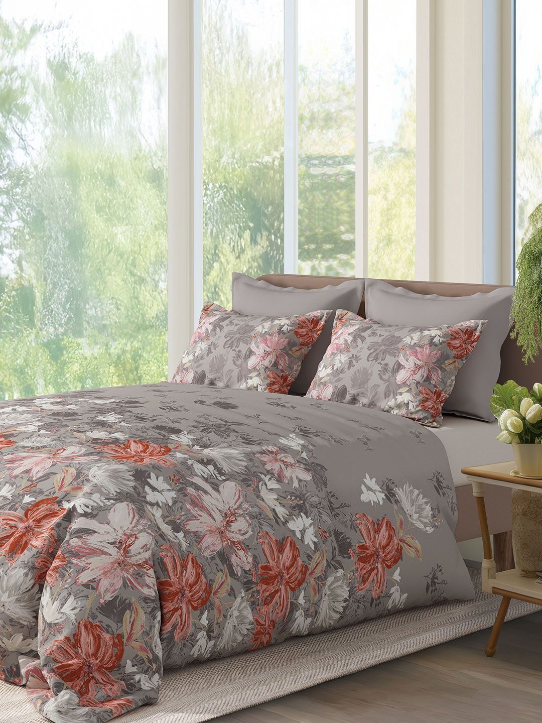 SANSAAR A DDECOR BRAND LIVE CONSCIOUSLY Grey Self Design Cotton 3 Piece Double King Superfine Bedding Set-picture-16