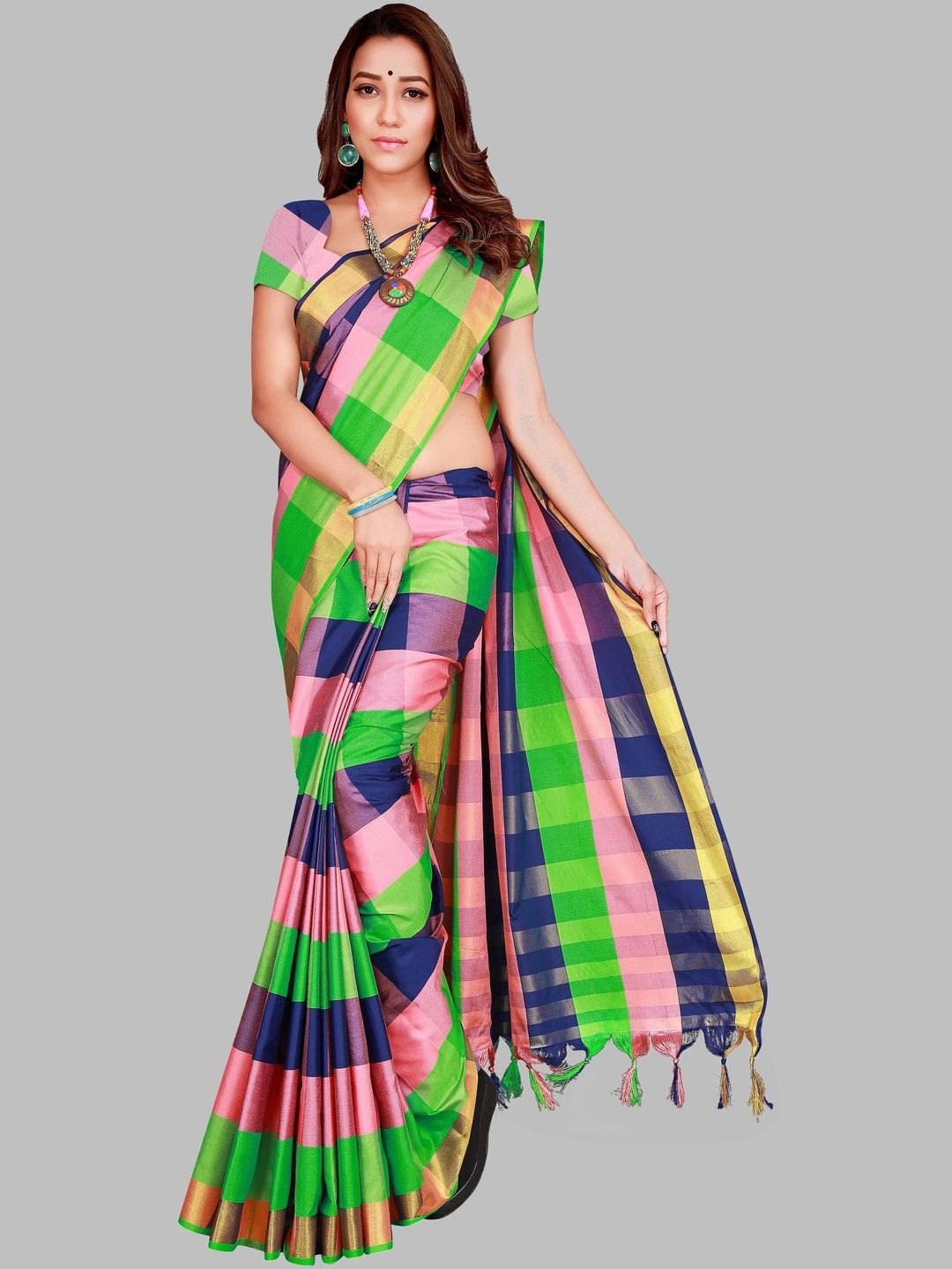 PRIYANSH CREATION Checked Silk Cotton Saree-picture-34