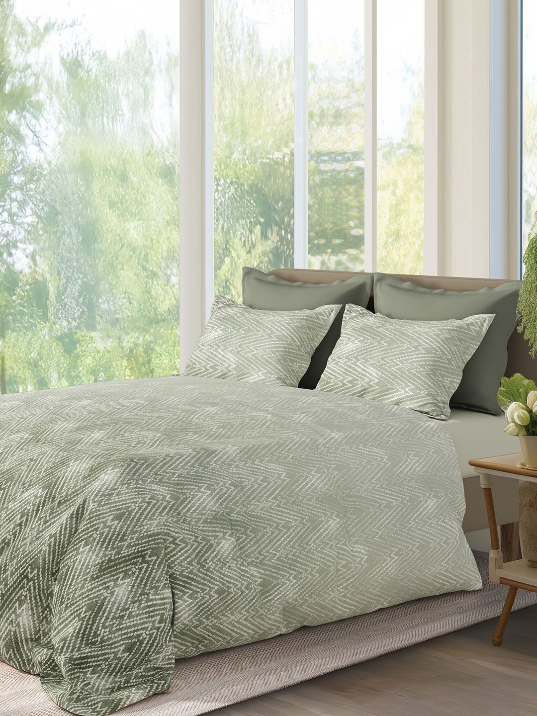 SANSAAR A DDECOR BRAND LIVE CONSCIOUSLY Green Self Design Cotton 3 Piece Double King Superfine Bedding Set-picture-18